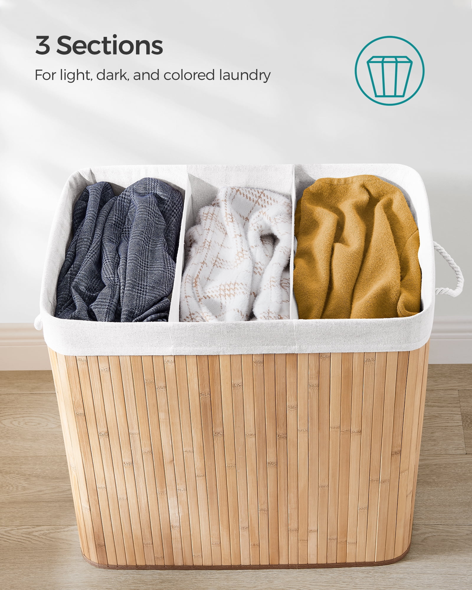 SONGMICS 39.6 Gallons Laundry Hamper, 3-Section Laundry Basket, Laundry Hamper with Lid, Bamboo, Foldable, Removable and Machine Washable Liner Natural