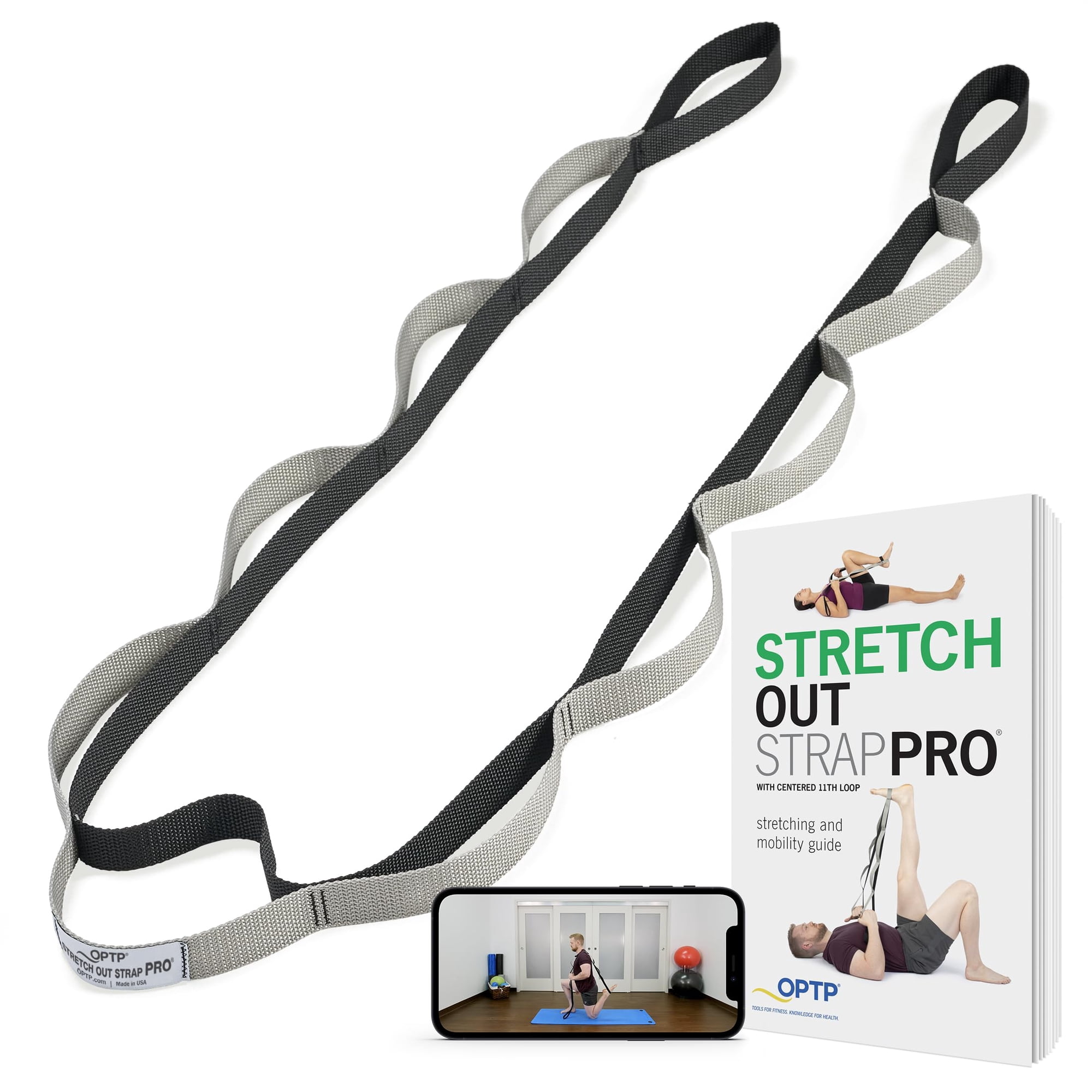 OPTP Stretch Out Strap Pro with Exercise Book, 11 Loop Strap for Yoga and Pilates, Physical Therapy Strap for Leg and Knee Recovery. Made in the USA