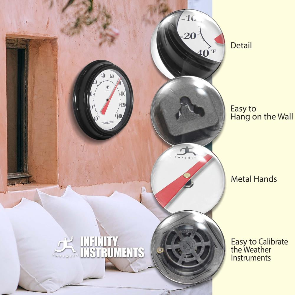 Infinity Instruments 12 inch Traditional Classic Basic No Battery Required Built-in Hygrometer Indoor/Outdoor Thermometer for Patio, Porch, Living Room Essential Durable Wall Thermometer, Black