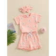 thumbnail image 3 of Nygoyerh Toddler Baby Girls Cute Summer Outfits Floral Print Short Sleeve T-shirt + Ruffled Shorts + Headband 3Pcs Infant Casual Short Pants Sets 6M 12M 18M 24M 3T, 3 of 9