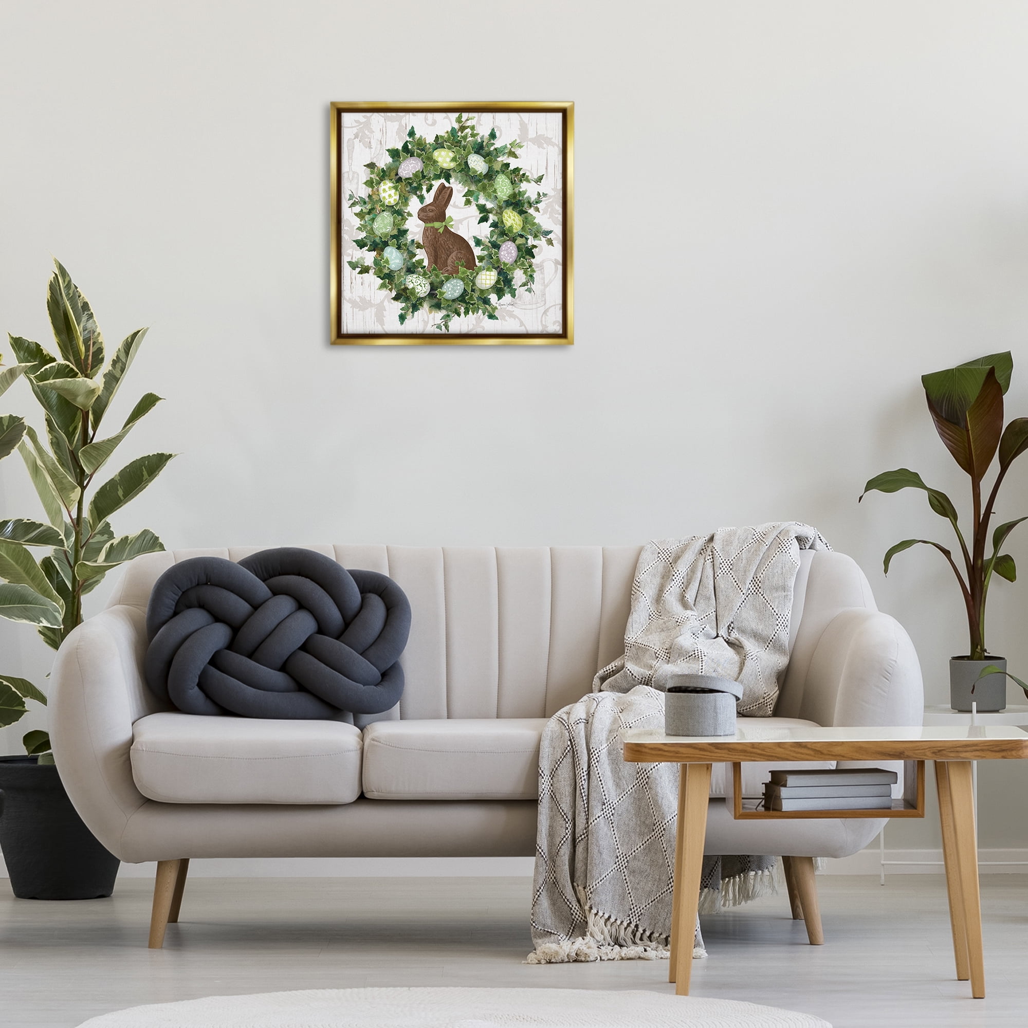 Stupell Industries Spring Easter Egg Wreath Botanical & Floral Painting Gold Floater Framed Canvas Art Print Wall Art, 25 x 25