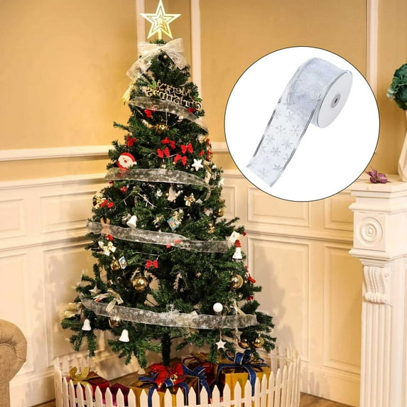 Travelwant Organza Glitter Wired Sheer Christmas Ribbon - Snowflake Design for Floral, Craft, Holiday Decoration