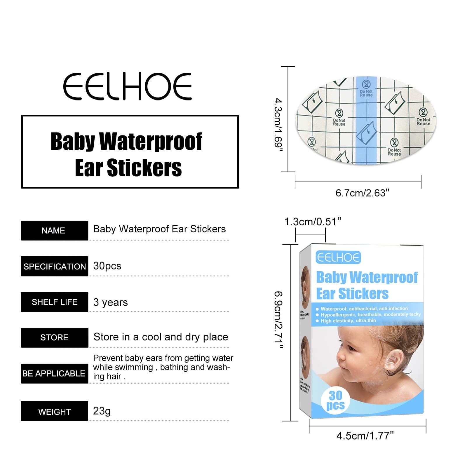 100pcs Baby Waterproof Ear Stickers Bath Swimming Infant Newborn Ear Care  Paste(Transparent ) Nursing Ear Paste Baby Supplies
