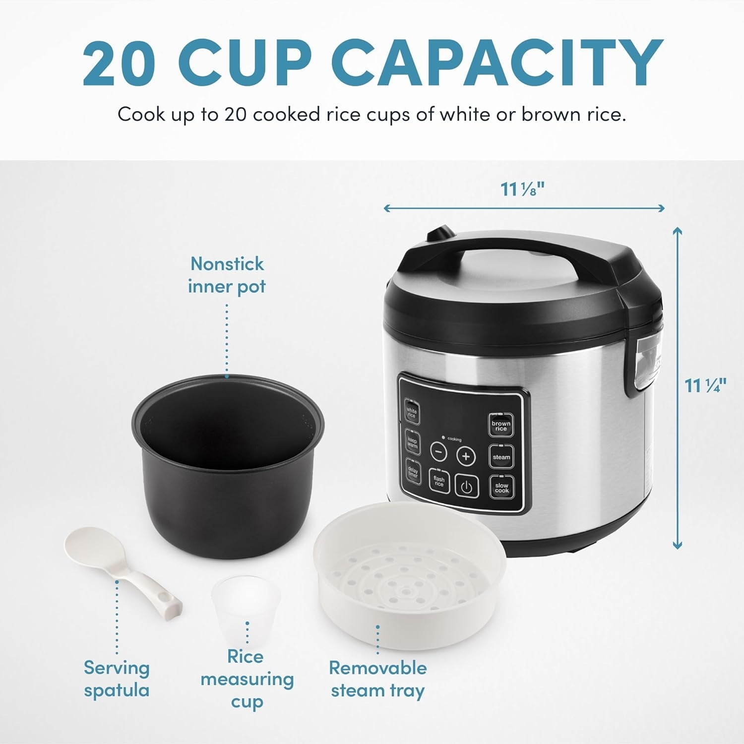 Housewares 20 Cup Cooked (10 cup uncooked) Digital Rice Cooker, Slow Cooker, Food Steamer, SS Exterior ,Black