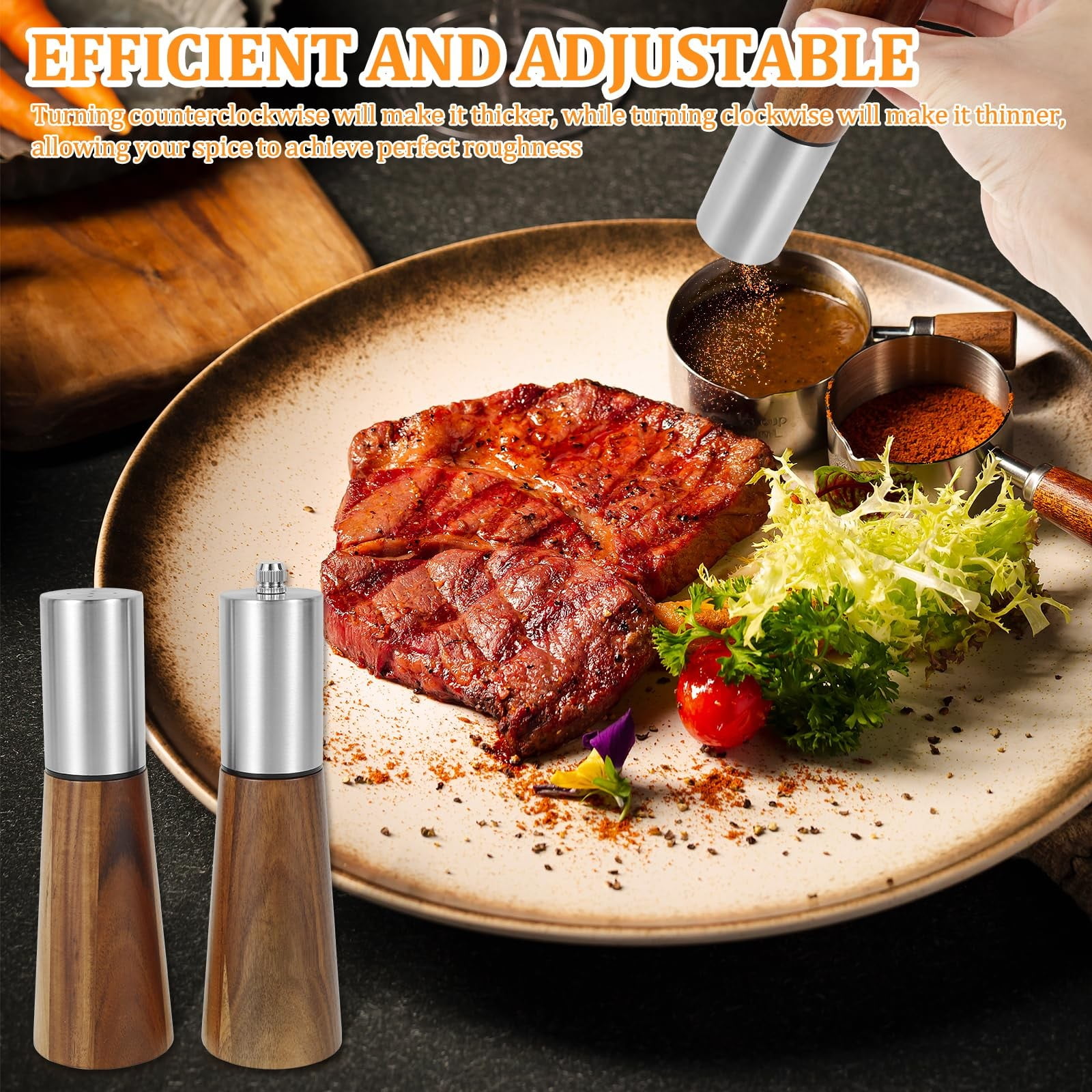 LLDYYDS Salt Shaker and Pepper Bow with Tray Acacia Wood Salt and Pepper Grinder Set Refillable Salt Shaker and Pepper Mill Set