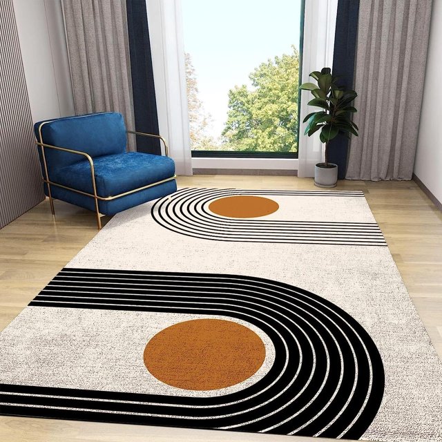 Modern Mid-Century Cream Living Room Rug, Nordic Boho Lines Orange Geometric Bedroom Area Rugs, Anti-Slip Backing Washable Indoor Carpet for Living Room Bedroom Study Dining Room,3x5ft