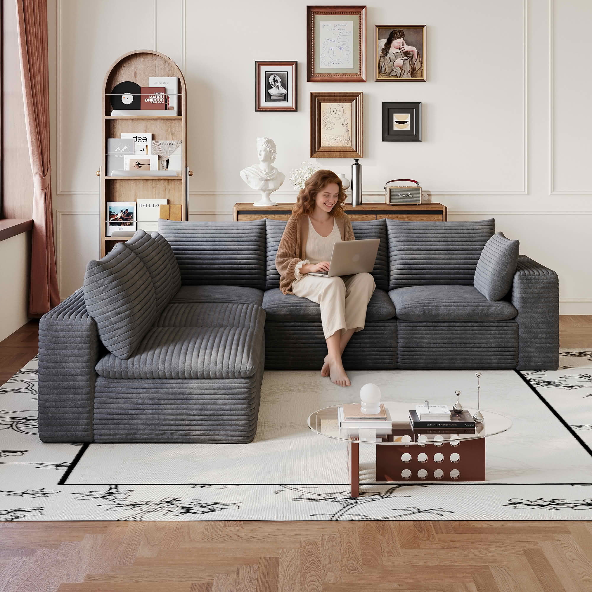 MAYEERTY 99×103-Inch Dark Gray Corduroy 5-Seat Cloud Modular Sofa, Deep Seat DIY Combination Couch with Removable Cushion No Assembly Required
