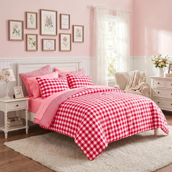 Regency Heights Queen Size Bed in a Bag, 9 Pieces Red Plaid Comforter Set with Sheets and Side Pockets, Reversible Bedding Sets for All Seasons