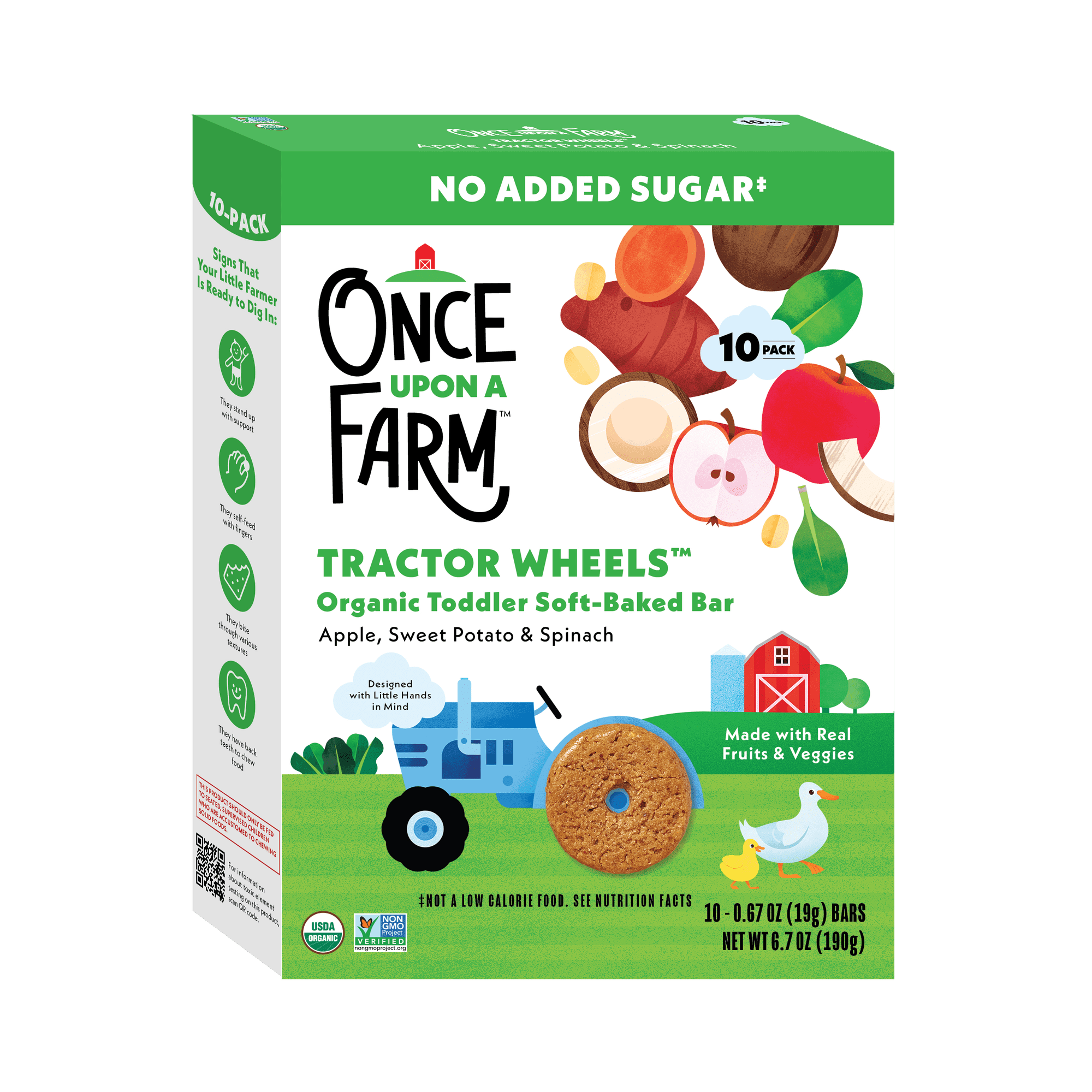 Once Upon a Farm Organic Tractor Wheels Toddler Bar, Apple, Sweet Potato & Spinach, 10ct