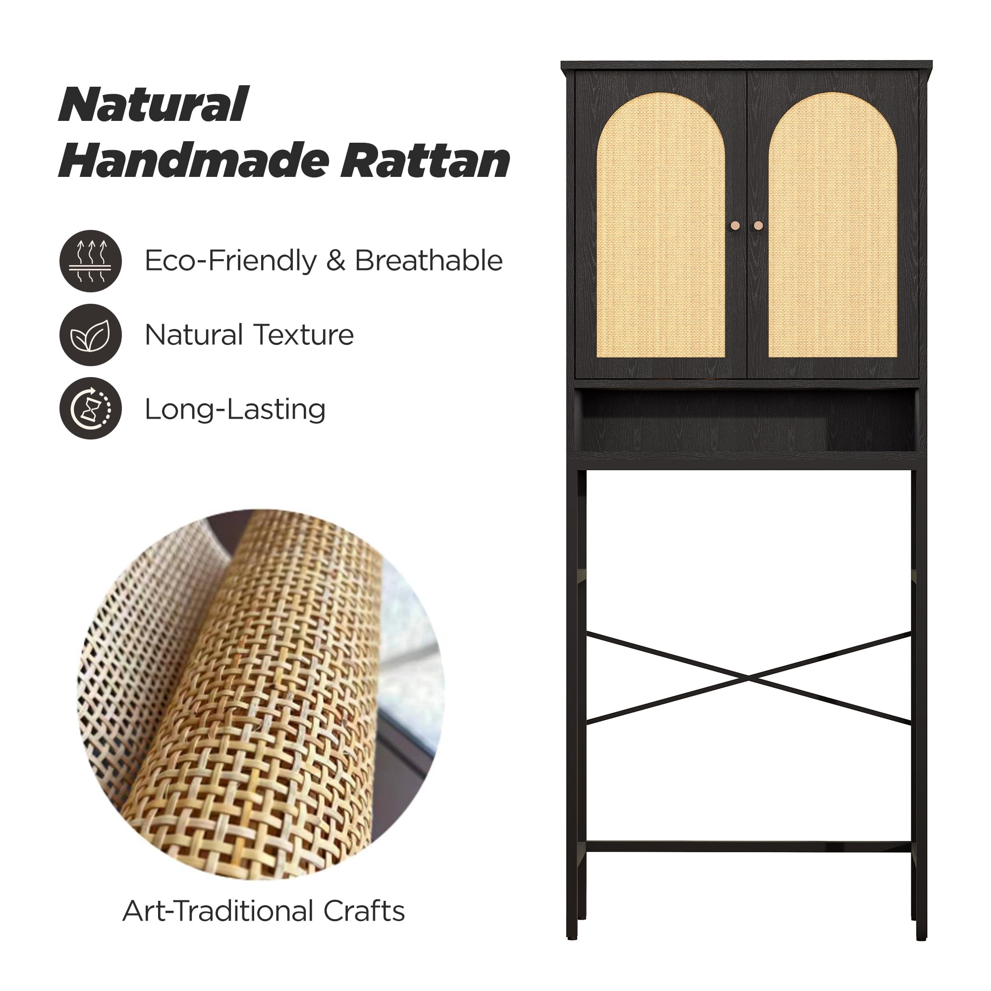 Veanerwood Rattan Toilet Storage Cabinet, Over The Rack Wood Cabinet with Metal Stand, Bathroom Organizer with Adjustable Shelf, Tall Freestanding Washer Shelf, Small Cupboard, Black