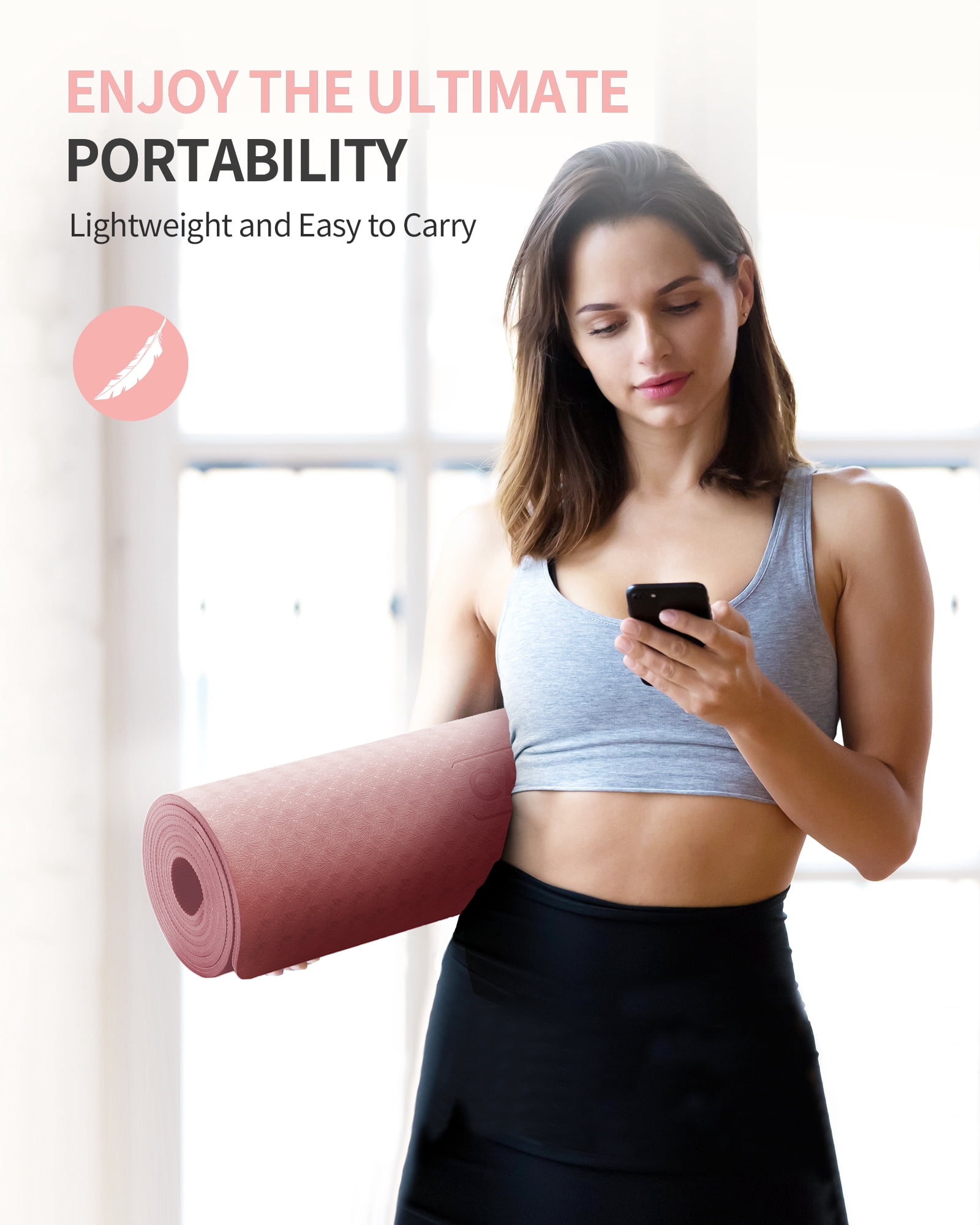 CAMBIVO Yoga Mat, 6mm Thick Eco Friendly TPE Workout Mat with Carrying Strap for Fitness, Gym and Floor Exercises, 72" x 24", Pink