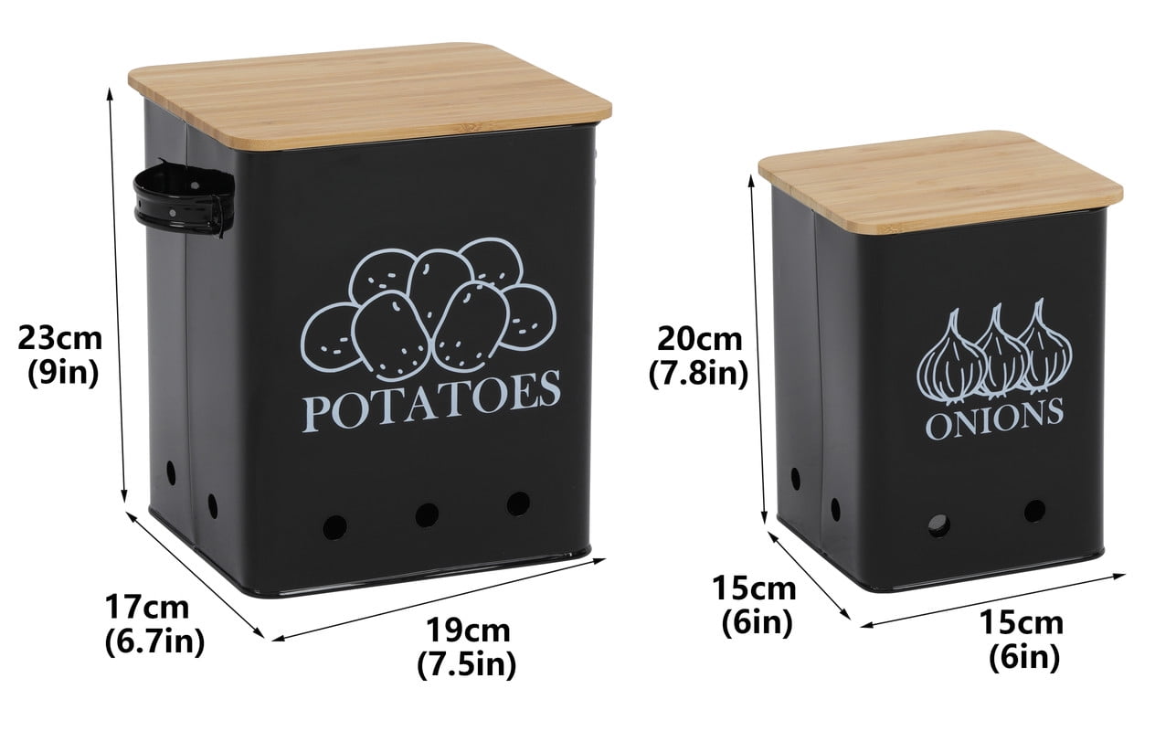 Brabtod Kitchen Vegetable Storage Tins 2 Pack Set for Potatoes&Onion, Metal Food Storage Container with Wooden Lid 7.5L Garlic Bin Caddy, Long Shelf Life Black