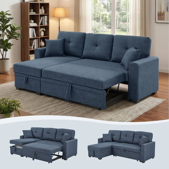 AENKYO Convertible L-Shaped Sectional Sofa Sleeper with Pull-Out Bed and Storage Chaise, Linen Upholstered Couch for Living Room,Blue