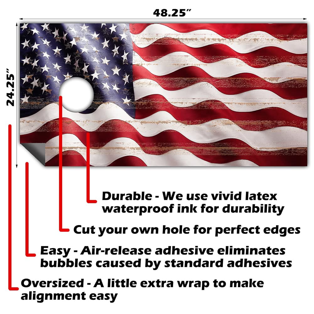 Cornhole Board Wraps and Decals Cornhole Wraps for Boards Set of 2 Corn Hole Decal, Skins Professional Vinyl Cornhole Decal for Boards Covers Sticker Cornhole Vinyl Wraps (American Flag Wavy)