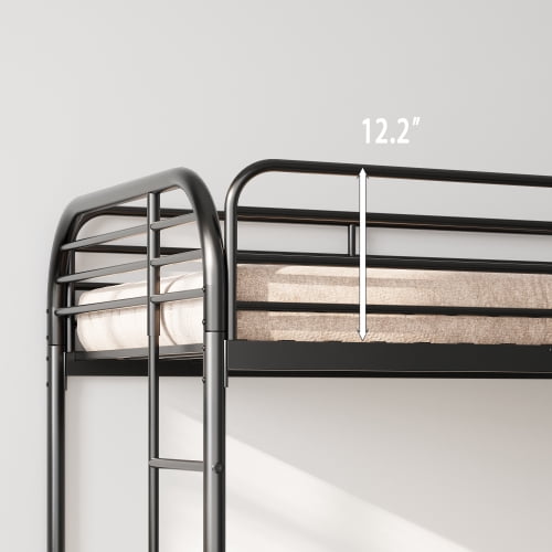 Twin Over Twin Metal Bunk Bed with Ladder and High Guardrail, Noise-Free, Underbed Storage, Black