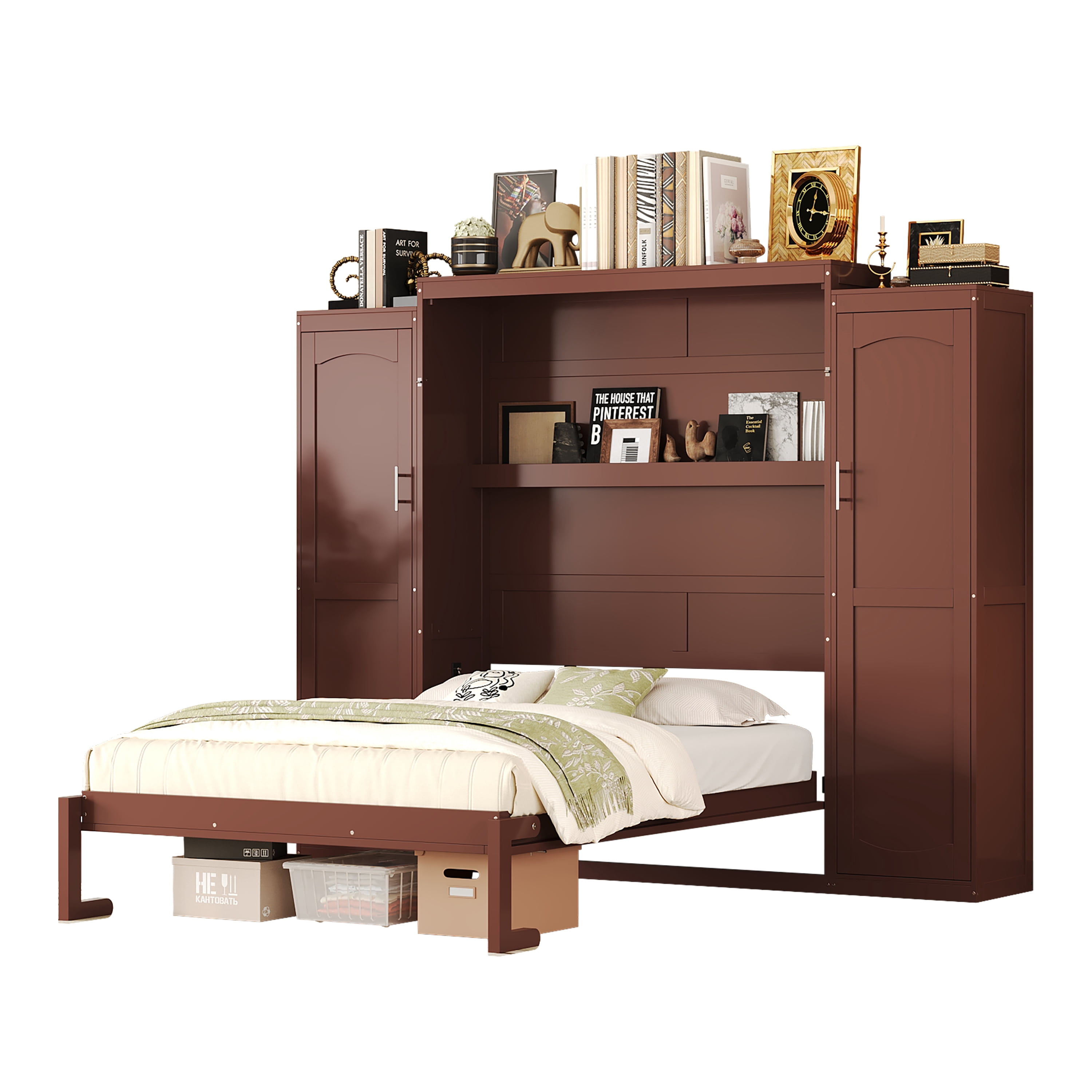 Yoneston Full Size Modern Murphy Bed with 2 Wardrobe & Storage Shelf, Multifunctional Foldable Platform Bed Frame with for Guestroom Bedroom, Brown