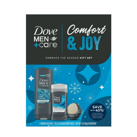 Dove Men Care Clean Comfort Gift Set: Body & Face Wash, Deodorant Stick & Shower Tool, 3 Count