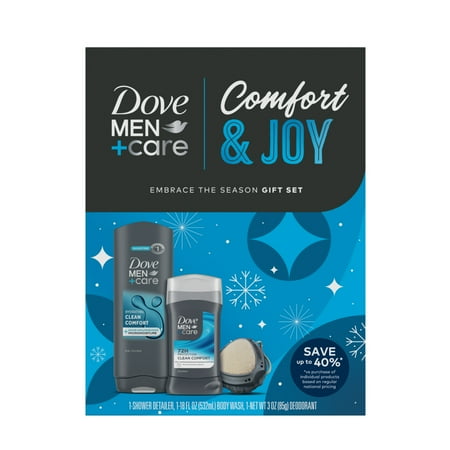 Dove Men+Care Clean Comfort Gift Set: Body & Face Wash, Deodorant Stick & Shower Tool, 3 Count