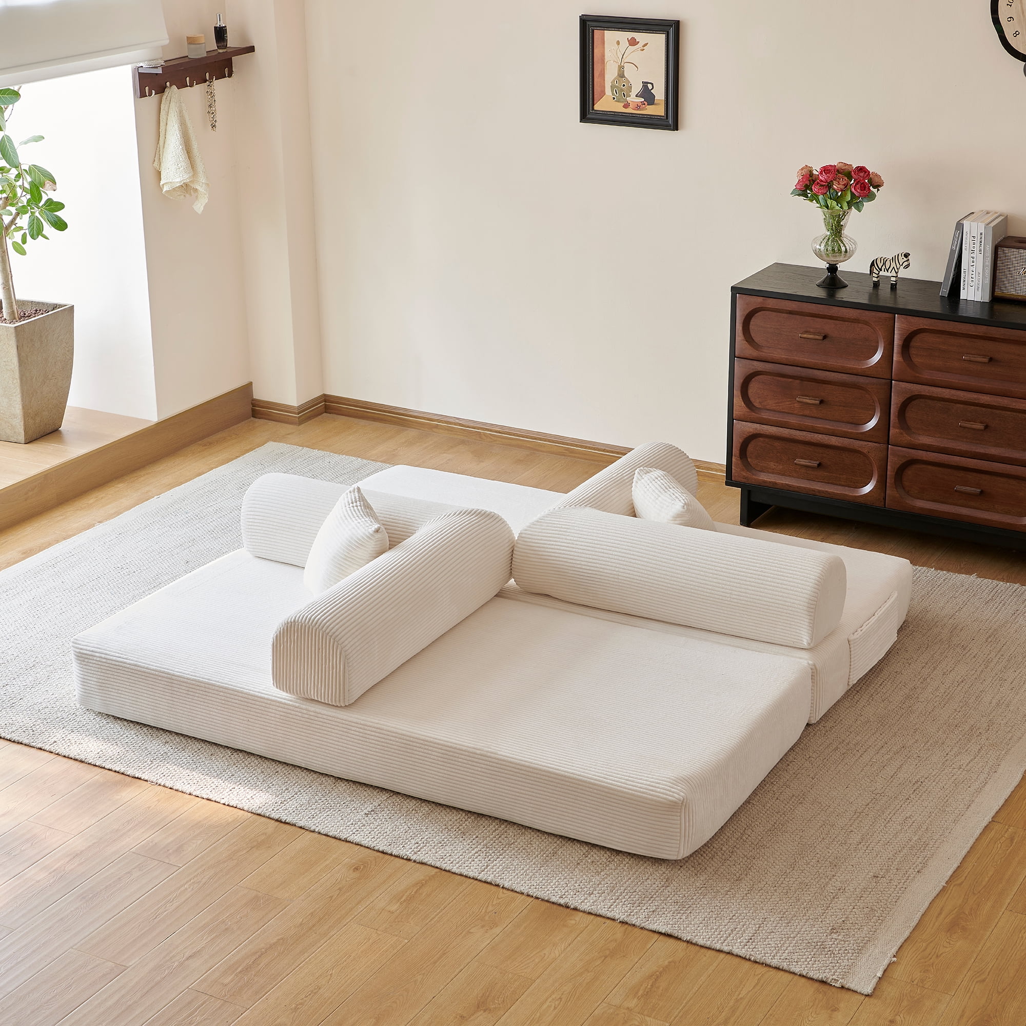Howcool 79" Boneless Sleeper Sofa Bed, 2-in-1 Pull Out Convertible Loveseat Couch with 2 Throw Pillows, Corduroy Futon Floor Sofa for Living Room, No Assembly Required, White