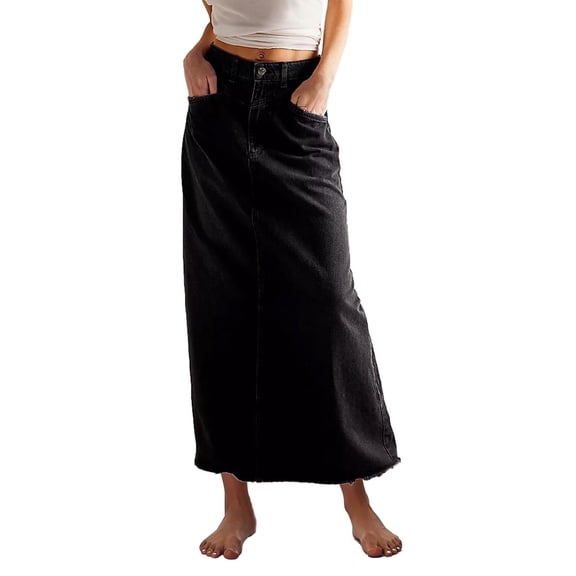 Lovskoo Women Trendy Denim Maxi Skirt High Waist A-Line Loose Long Jean Skirt Streetwear Black