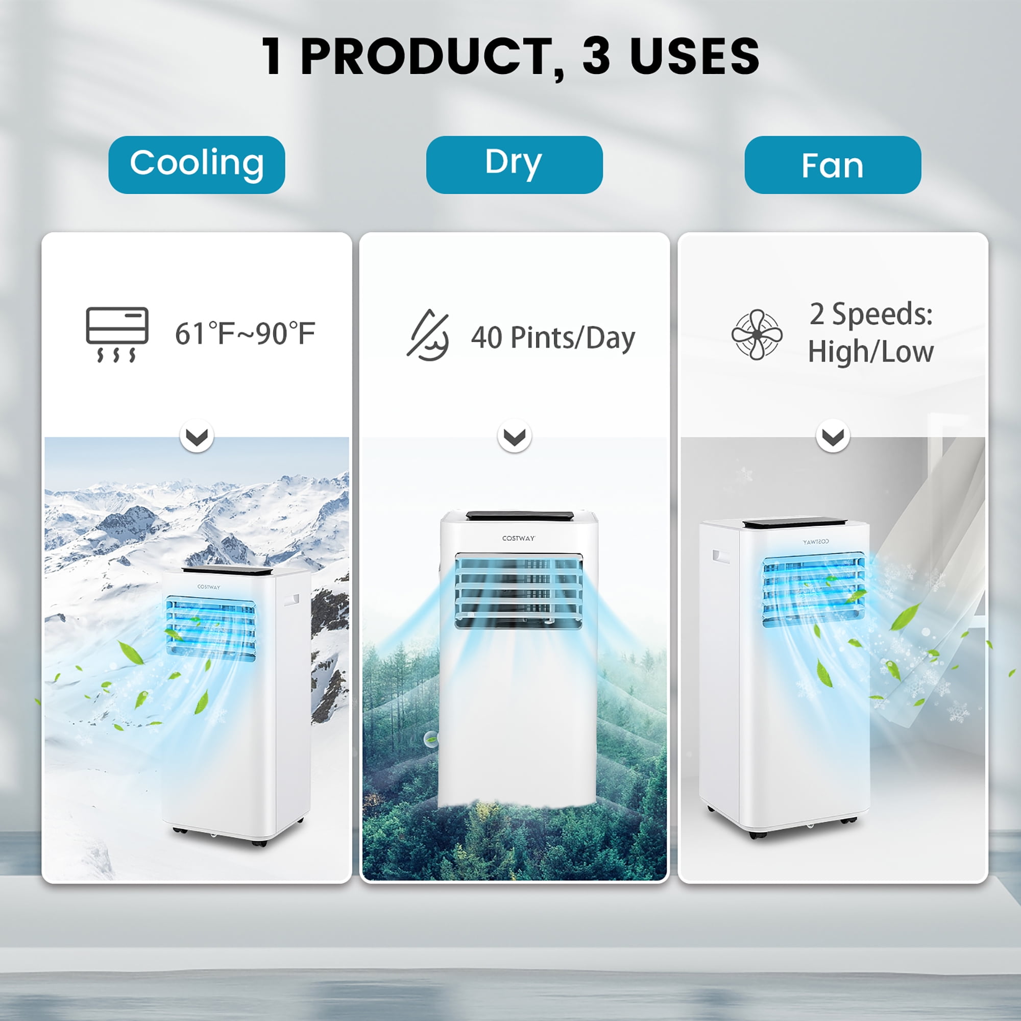 Costway 8000 BTU Portable Air Conditioner 3-in-1 AC Unit with  Cool Fan Dehum Sleep Mode