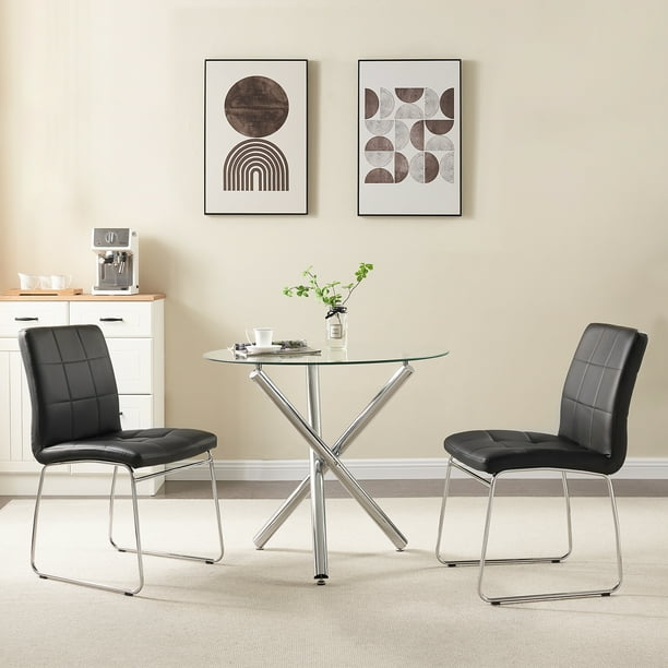 3Pieces Round Dining Table Set for 2, Round Tempered Glass Kitchen