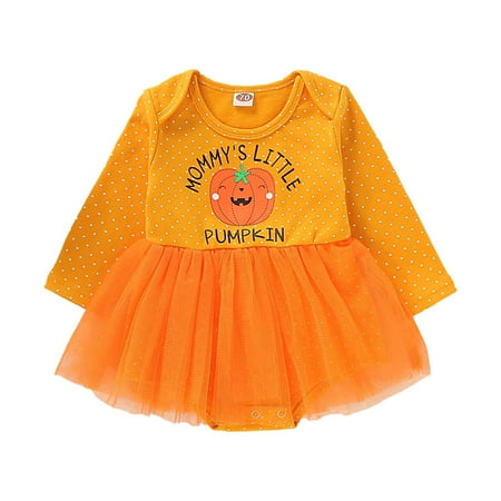 

jsaierl Halloween Dresses for Toddler Baby Girls Tulle Puffy A Line Dress Cute Pumpkin Printed Polka Dot Orange Princess Dress 3-18M