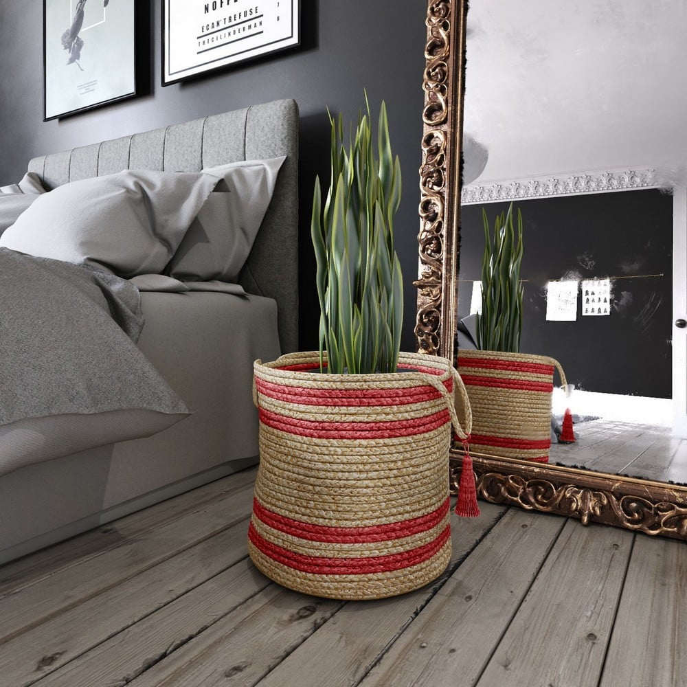 LR Home Woven Round Jute 17" Storage Basket with Handles, Red Double Stripe