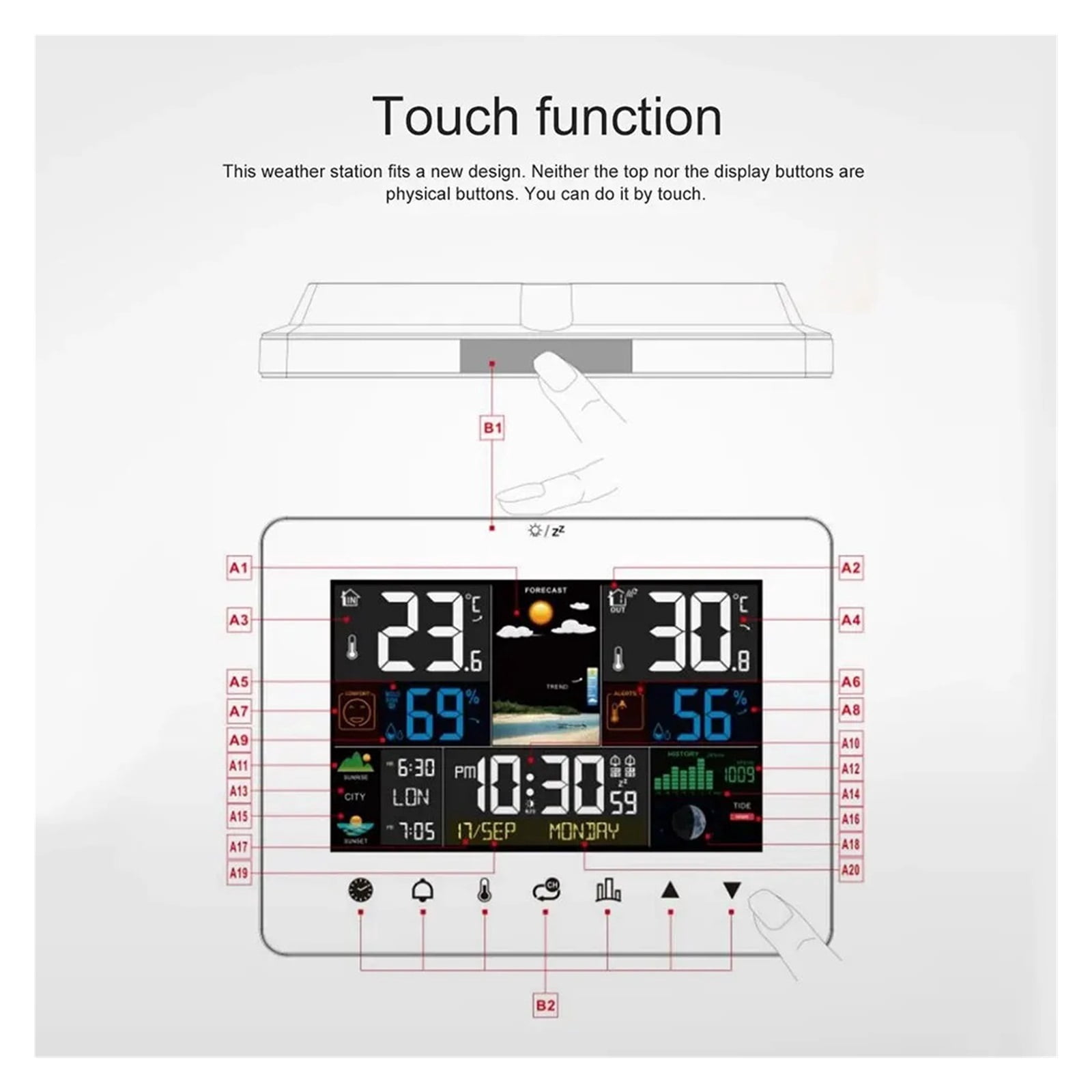Touch Screen Weather Station with Sunrise Sunset Display, Wireless Monitor