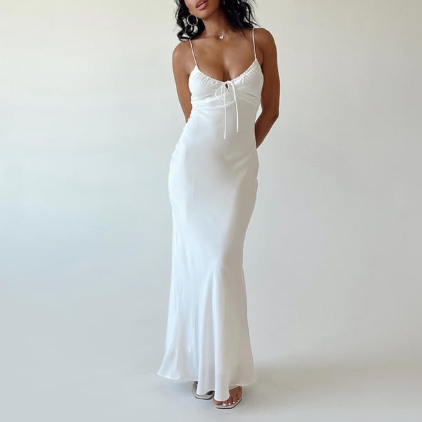 Vestido Sin Espalda Sexy Vestido maxi ajustado para mujer Vestido de cami con cordón Vestido elegante de verano para fiesta en la playa Cgtredaw M Blanco para Mujer