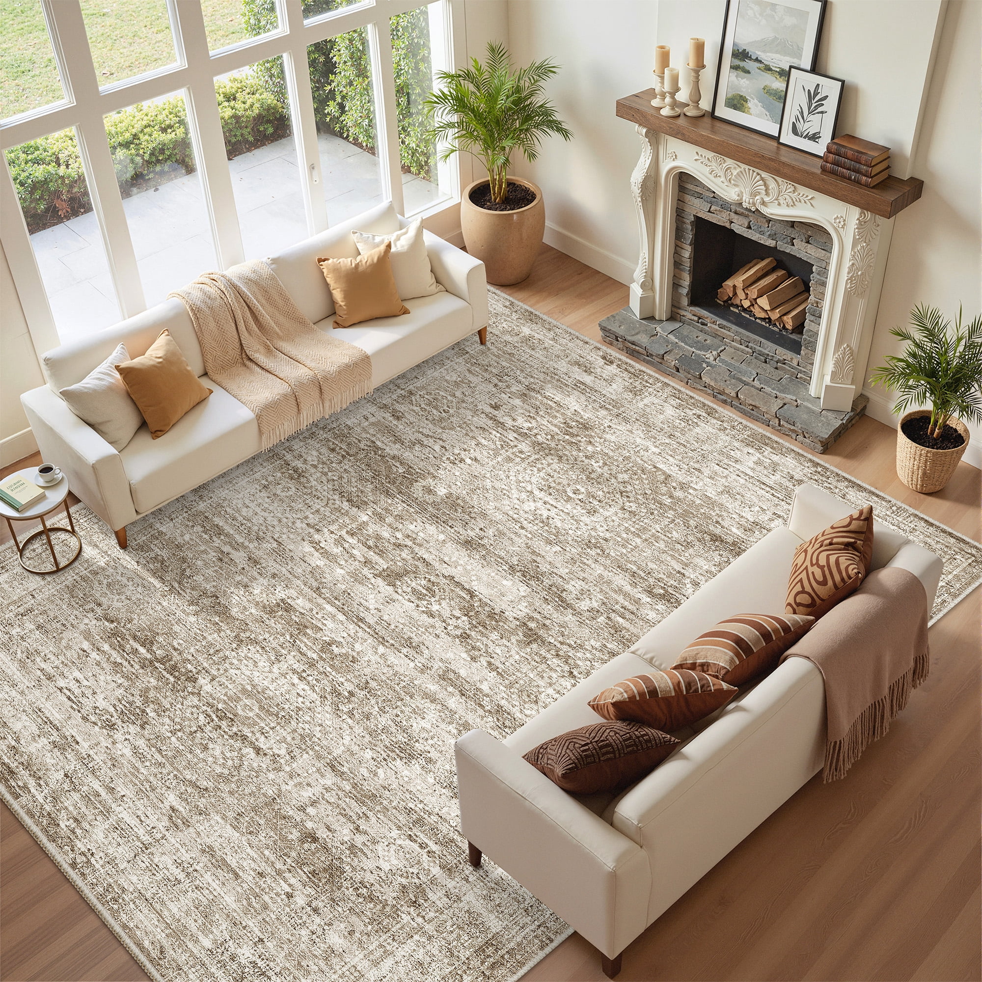 Roxstand Washable Rugs 10x14, Vintage Distressed Area Rugs for Living Room, Non Slip Accent Bedroom Rug (10'x14', Brown)