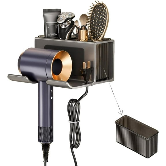 Hair Dryer Holder Wall Mounted,with Individually Removable Organizer Box, Aluminum Blow Dryer Holder for Bathroom, Salon Organizers & Storage(Gunmetal Grey),Weight Capacity 10 kg (22 lbs)