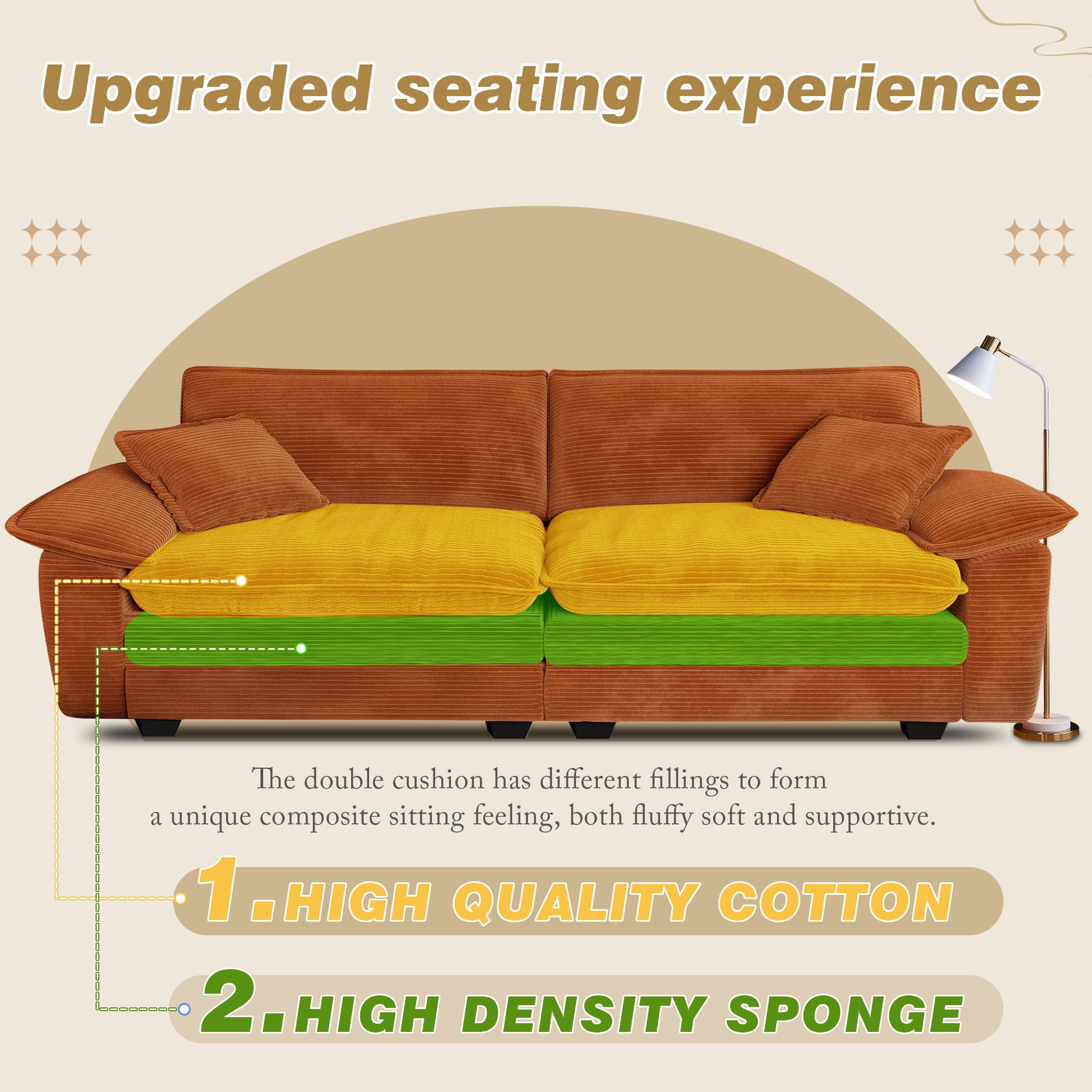 Muumblus 80.5" Corduroy Loveseat Sofa, Oversized Upholstered 2-Seater Fluffy Cloud Sleeper Couch for Living Room/Apt, Orange