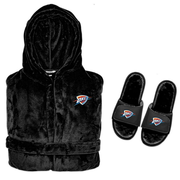 Men's ISlide  Black Oklahoma City Thunder Hooded Phantom Robe & Fur Slide Bundle