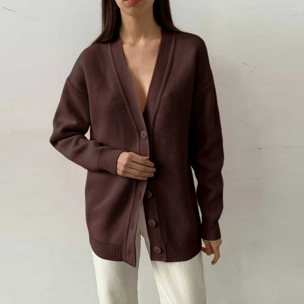 Chaqueta y abrigo informal de manga larga sin capucha para mujer, de color liso, con botones, cuello en V y manga larga, de punto