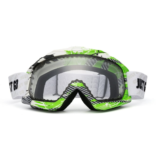 JUST GO Ski Goggles for Skiing Motorcycling and Winter Sports Dual-Layer Anti-Fog 100% UV Protection lens Snowboard Goggles fit Men, Women and Youth, Green and White Frame/ Clear Lens (VLT 81.2%)