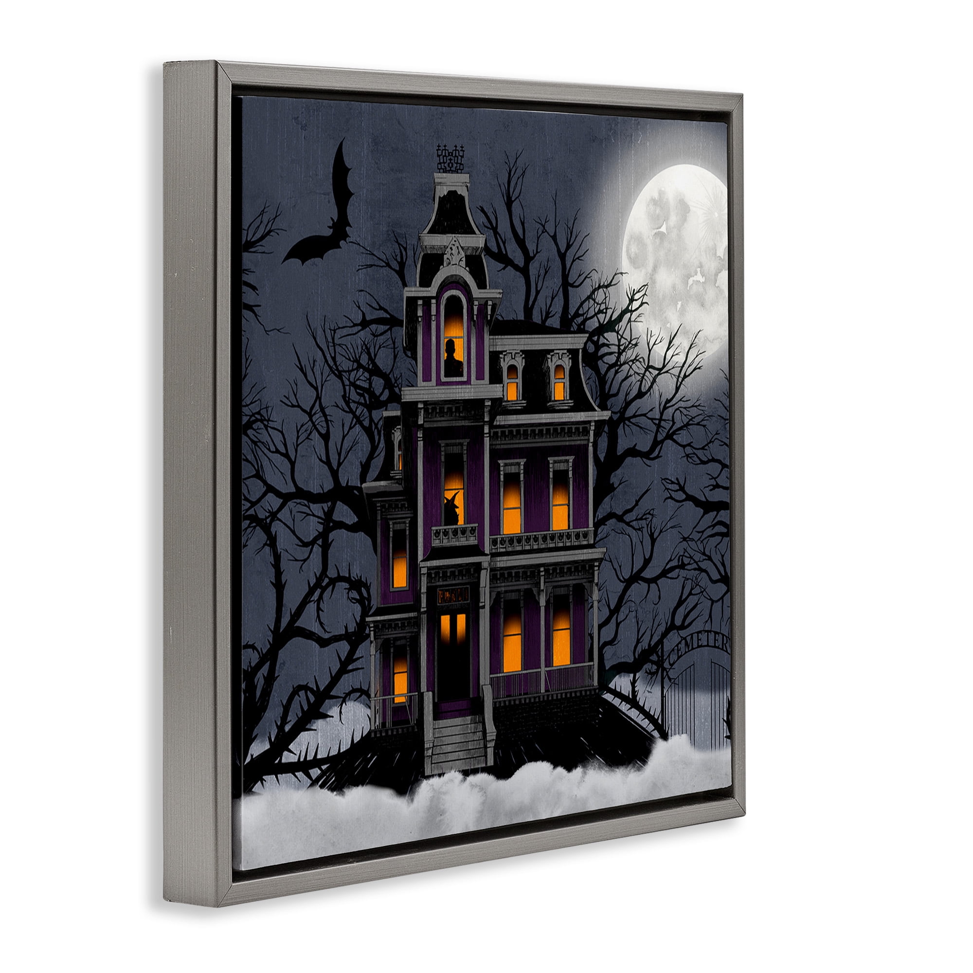 Stupell Industries Creepy Haunted Halloween House Holiday Painting Gray Floater Framed Canvas Art Print Wall Art, 25 x 25
