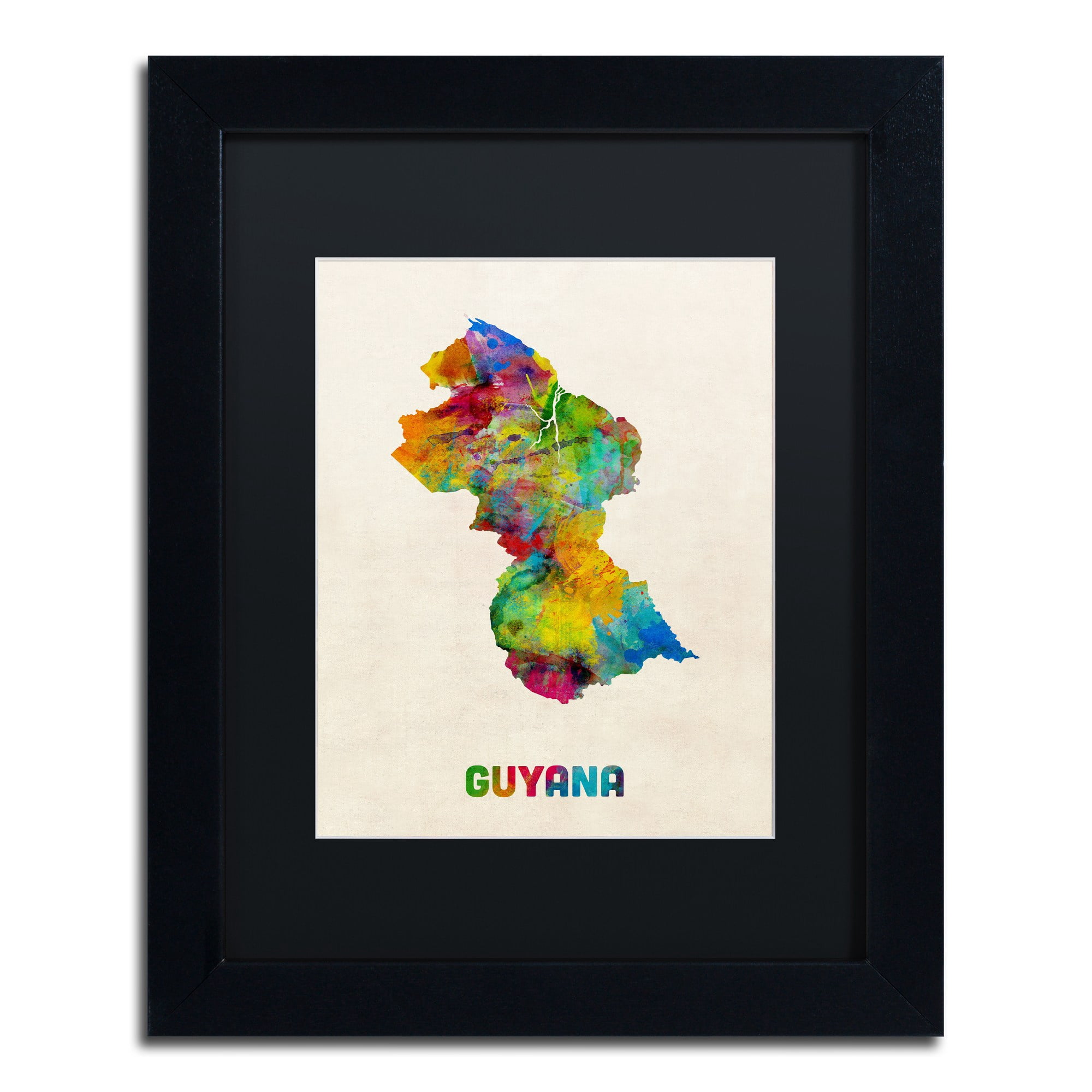 Trademark Fine Art ''Guyana Watercolor Map'' by Michael Tompsett 16" x 20" Black Matted Black Frame (MT0743-B1620BMF)