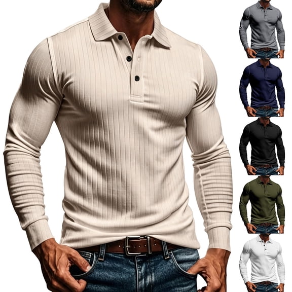 SeCaotees Men Long Sleeve Henley Polo Shirts Button Placket Striped Cuff Detail Muscle Fit Soft Knit For Leisure And Weekend Outing Tops Army Green,L