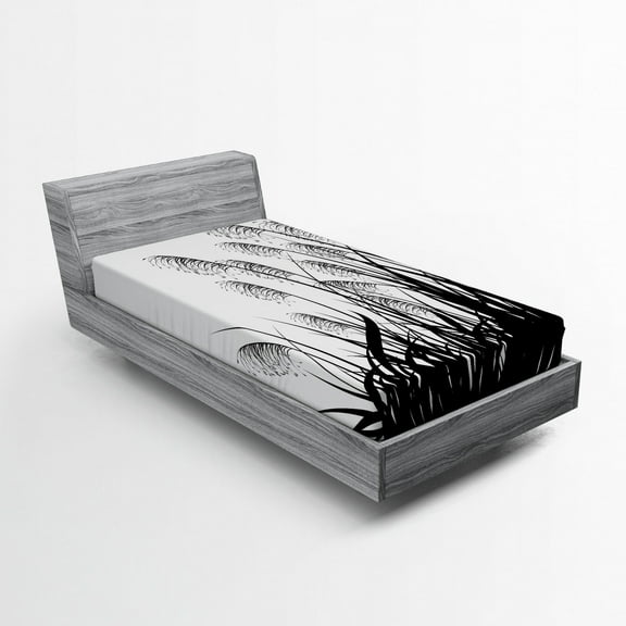 Black and White Fitted Sheet, Silhouette of Bushes Wild Plants Wheat Field Twiggy Herbs Seasonal Picture, Soft Decorative Fabric Bedding, Twin XL Size, White Black, by Ambesonne