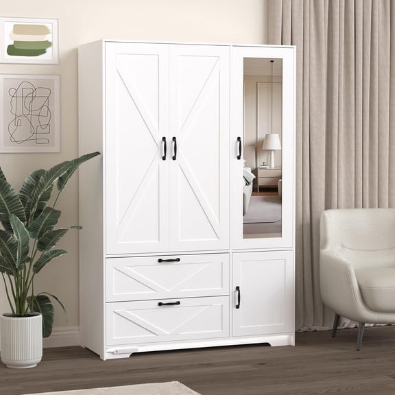 UZUGUL Farmhouse Armoire Wardrobe Closet with Mirror, 2 Drawers, Hanging Rod, Light, 3 Doors, White, 71.7 inch Height