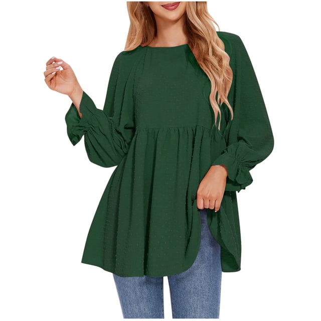Timegard Flowy Tops for Women Ruffle Long Sleeve Crewneck Lightweight Beach Travel Casual Tunic Tops