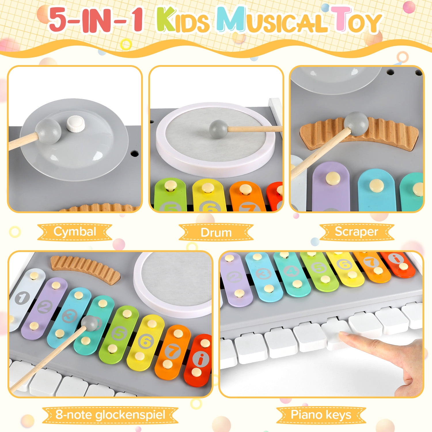 Flooyes Kids Drum Set, Musical Instruments Toys for Toddlers, 5-in-1 Montessori Toys, Wooden Piano Keyboard Xylophone, Educational Toys Birthday Gift