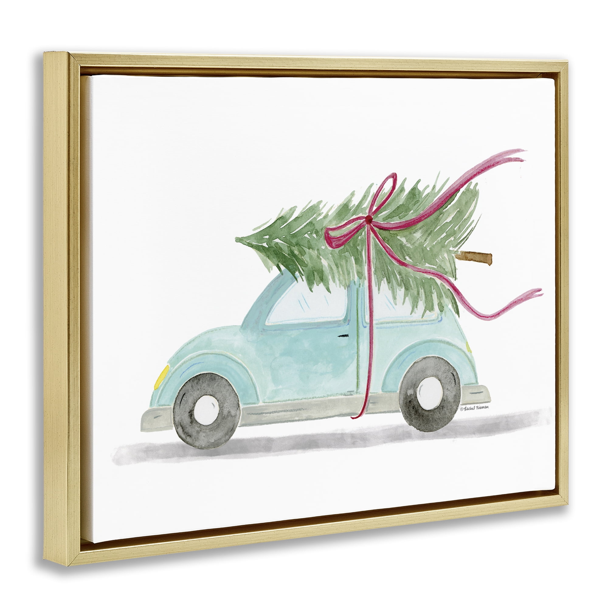 Stupell Industries Windblown Tree on Car Holiday Painting Gold Floater Framed Canvas Art Prints Wall Art, 31 x 25