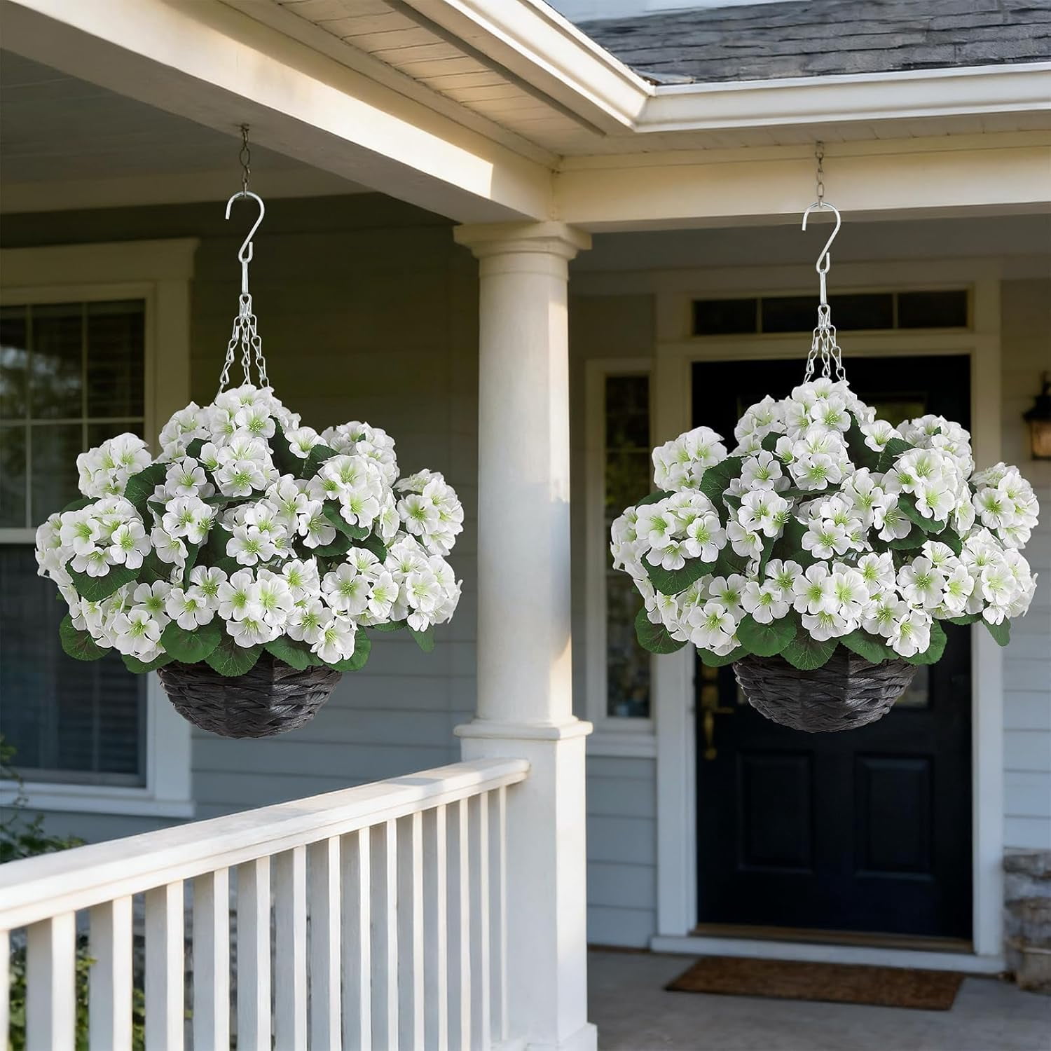 2 Set Artificial Geraniums Flowers with Hanging Baskets for Outdoors - Sun Resistant Silk with Geranium Flowers, Fake Hanging Planters for Front Porch Garden Patio Home Decor (White)