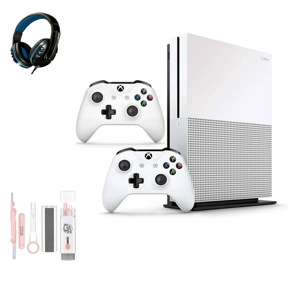 Pre-Owned Microsoft Xbox One S 500GB with 2 Controller, 4K Ultra HD White with BOLT AXTION Cleaning Kit Headset Bundle