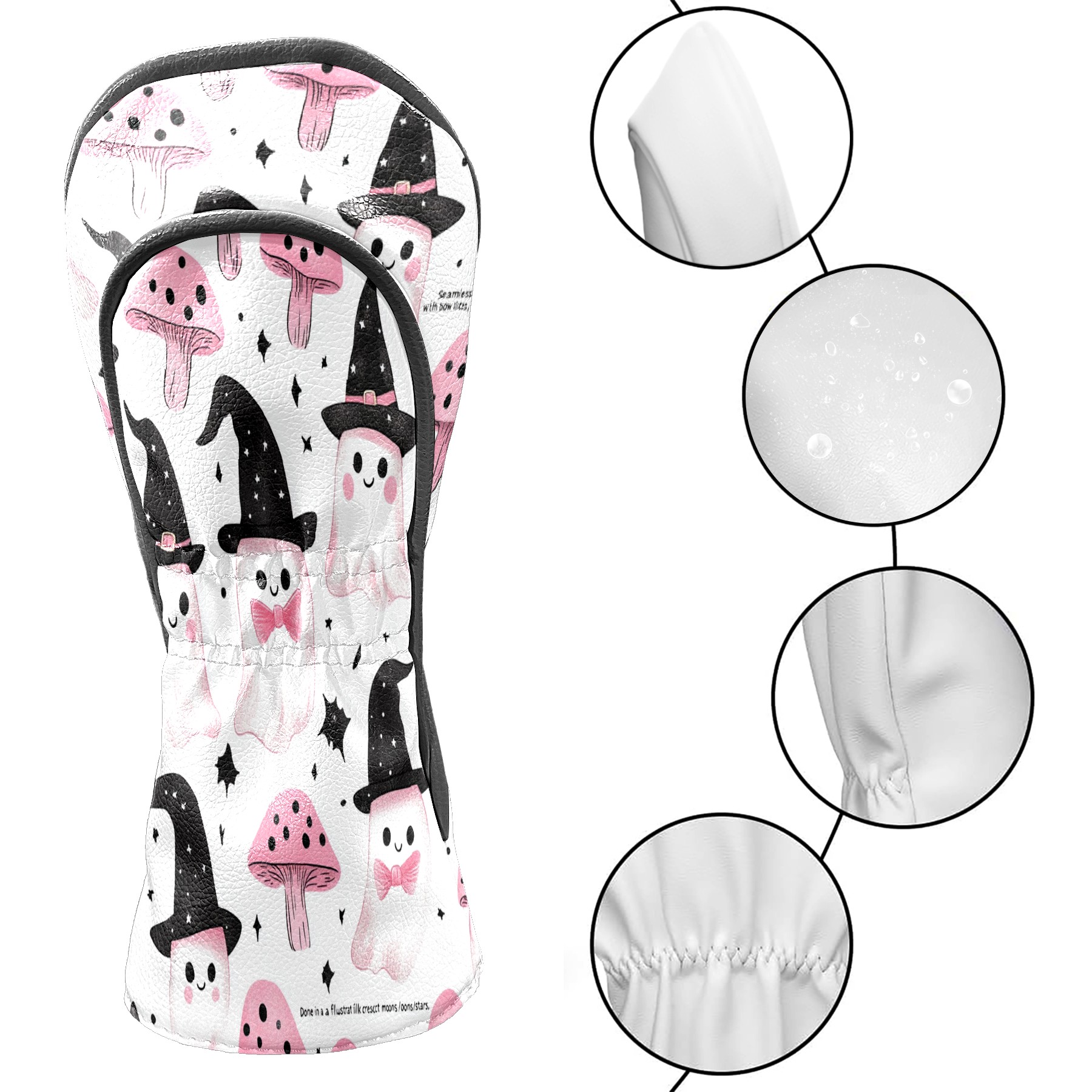 Golf Club Covers, LightPink MushroomGhost Premium PU Leather Driver Hybrid Putter Head Covers with Velvet Lining, Waterproof Golf Gifts for Men Women
