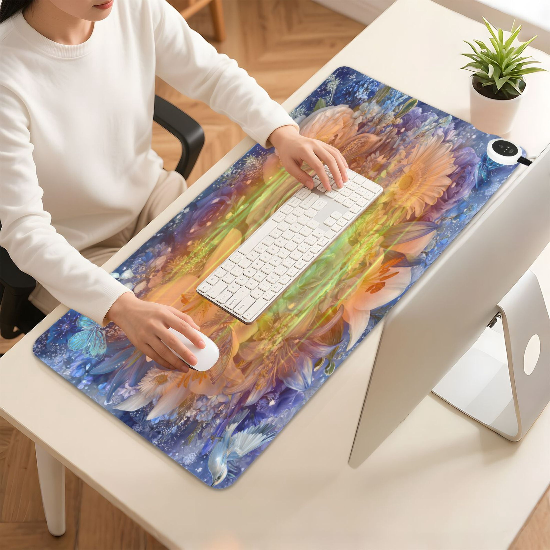 Large Heated Desk Mat Mouse Pad 31.5"x13"PU Leather Graphene Heating Desk Warmer with 3 Temperature Settings 110V US Plug Non-Slip Warm Pad for Home, Office, and Gaming Blue and White Crystal Roses