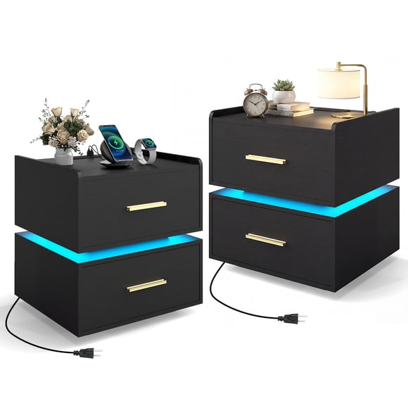 Costway 2 PCS Nightstand with Charging Station,LED Bedside Table with 2 Storage Drawers,Black