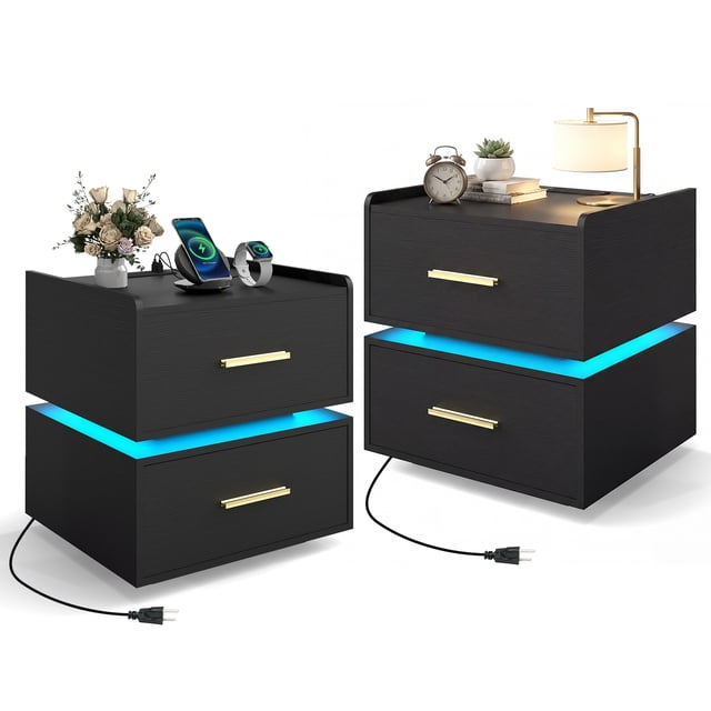 Costway 2 PCS Nightstand with Charging Station,LED Bedside Table with 2 Storage Drawers,Black